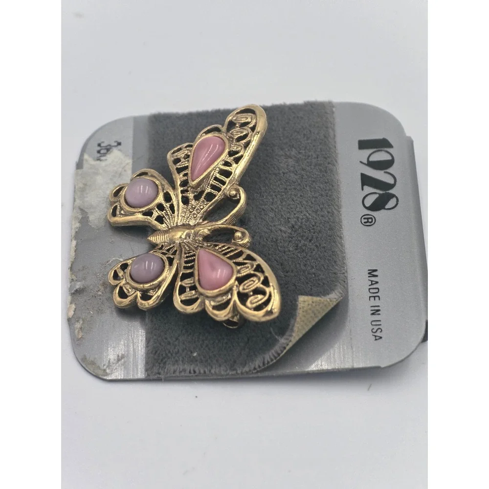 Vintage 1928 Gold Tone Pink Cabochon Butterfly Brooch Pin NOS Made in USA